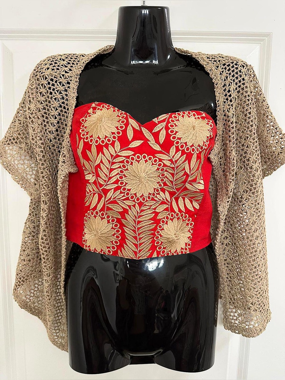 Red Embroidered Strapless Bustier Crop Top